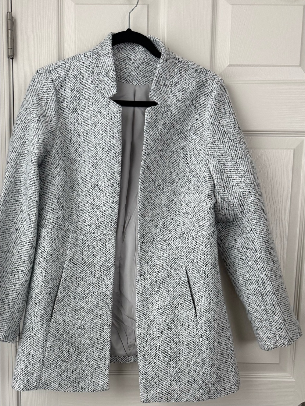 Black White Herringbone Open Front Coat Blazer Lined Career Jacket large